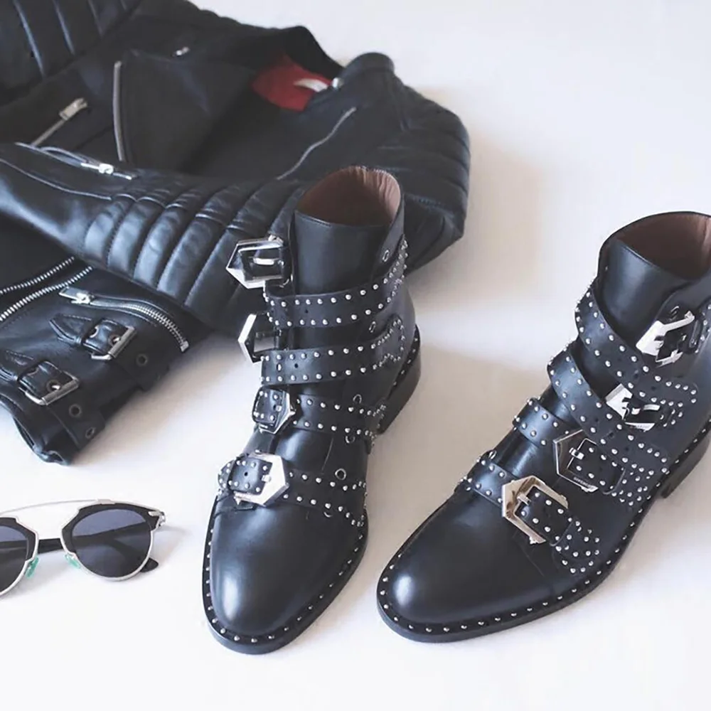 Women Ankle Boots Cow Leather Rivets Buckle Punk Boots Woman Studded Gothic Designer Shoes Ladies Botas Mujer Large Size 44