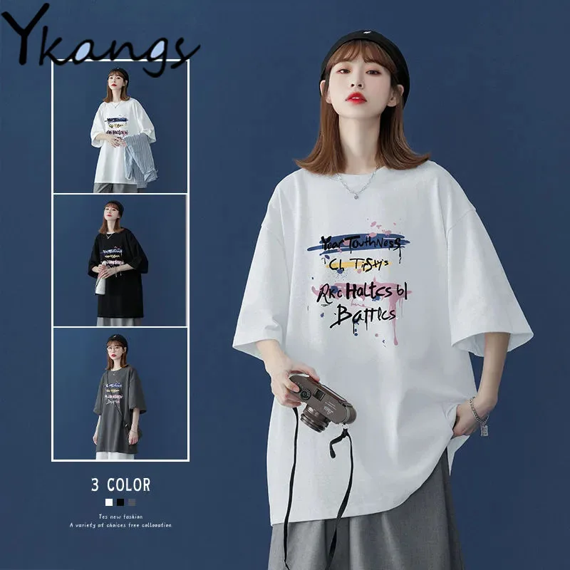 Letter Print Oversize Short Sleeve Goblincore Aesthetic T-shirt Summer Clothing Funny Ulzzang Y2k Korean Style Streetwear Blouse