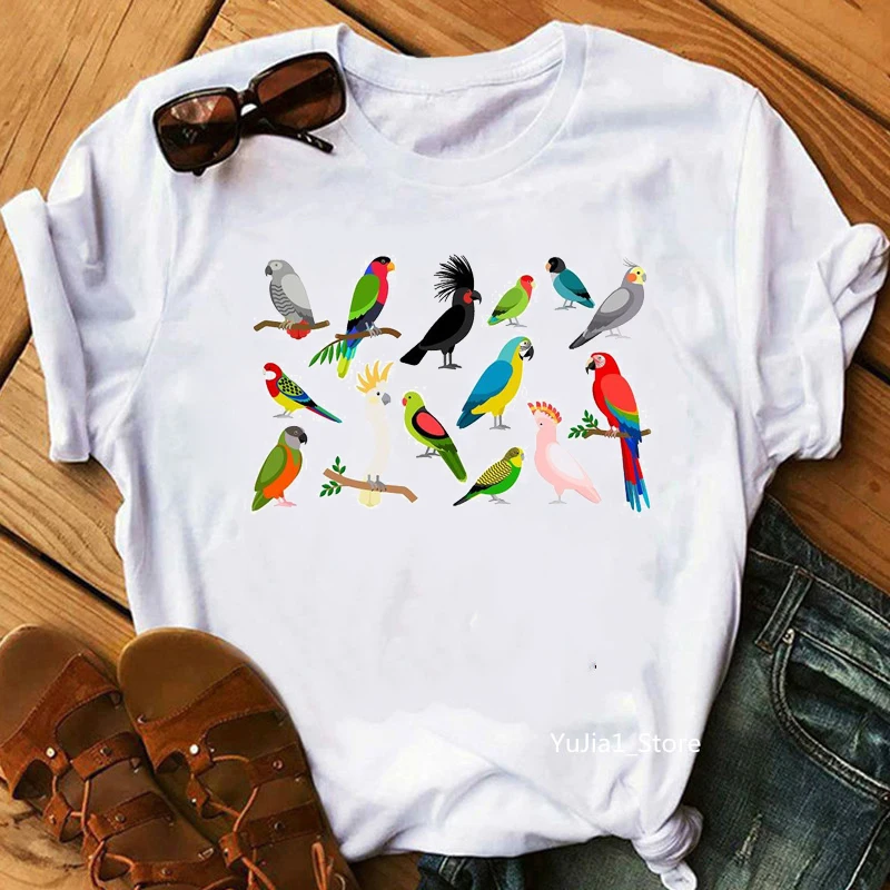 Hot Sale Watercolor Toucan Parrots Pet Birds Animal Print White T Shirt Women Summer Top Tee Harajuku Kawaii Tshirt Streetwear