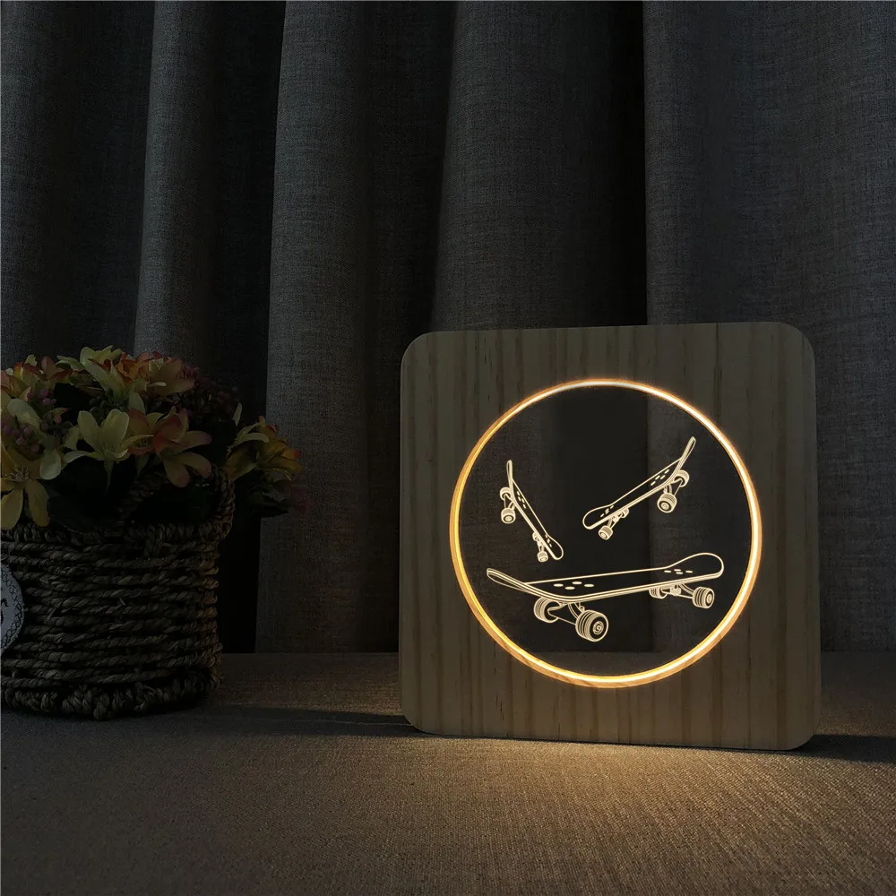 Skateboarding Sports 3D LED Lamp Arylic Wooden Night Table Light Switch Control Carving Lamp for Children's Room Decorate Gift