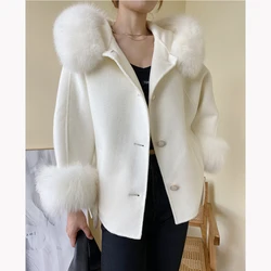 Women Winter Autumn Real Fox Fur Hooded and Cuff Casual Outerwear Cloak Style Long Sleeve Woolen Coat Hoodie Wool Overcoat