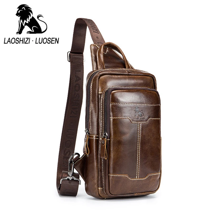 Bolso de pecho de cuero genuino de aceite para hombres, bolsos de mensajero de diseñador, paquete de pecho de moda para hombres, bolso de hombro de