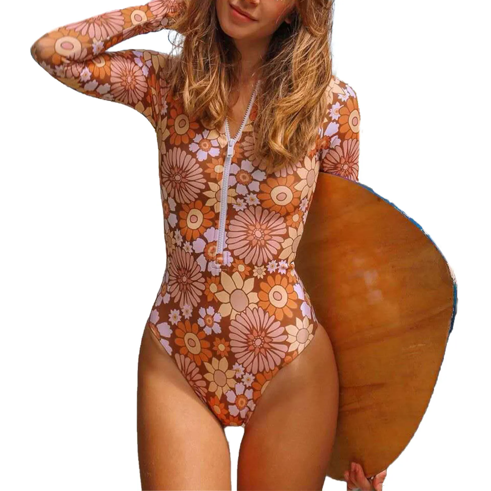 

2020 Women Long Sleeve Floral One-piece Swimsuit Fashion Zipper One-piece Surfing Swimsuit Stylish Bathing Suit