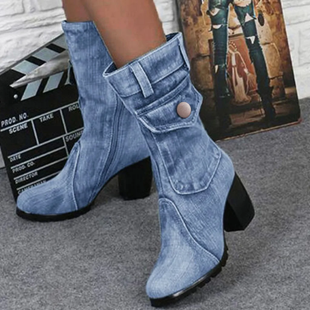 Blue jeans boots Women\'s Mid-rise Rome Solid Slip-On Chunky Med Heels Boots wild vintage Large Size Ladies shoes