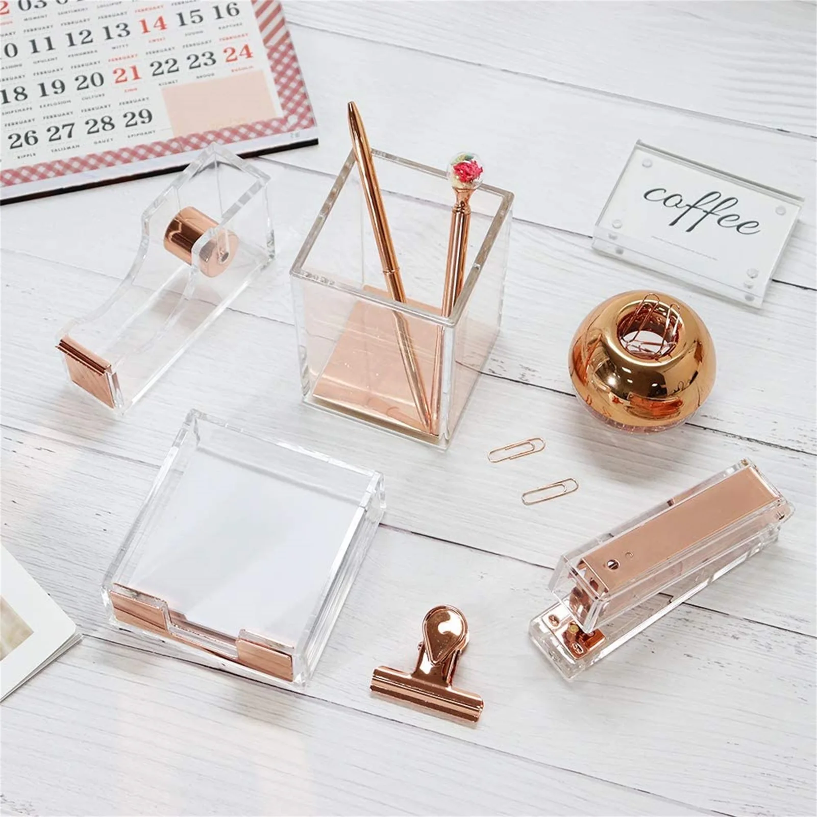 5pcs Rose Gold Acrylic Desk Stationery Series Stapler Tape Dispenser Sticky Note Pads Tray Pen Holder Paper Clips Dispenser