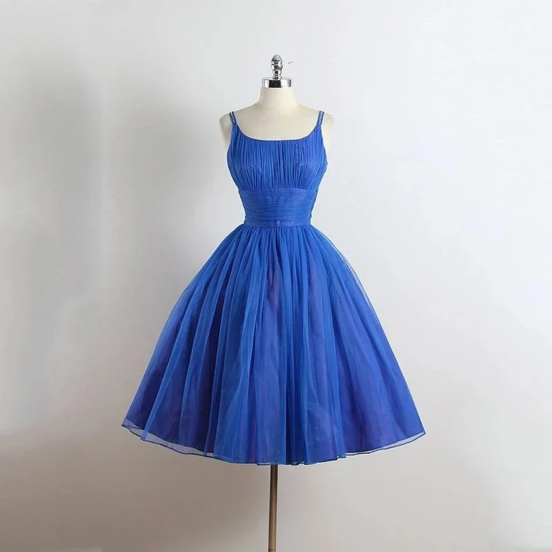 Vestido de baile azul de alça espaguete, sem mangas, vestidos de baile, pregas, tule, altura do joelho, vestidos para festas, vestidos de formatura