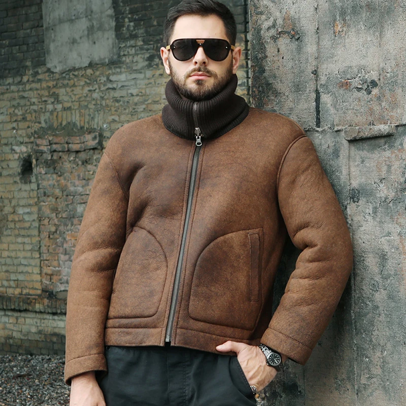 New Mens Brown Shearling Jacket Lapel Leather Jacket Thicken Fur Jacket Casual Wool Coat Short Winter Coats