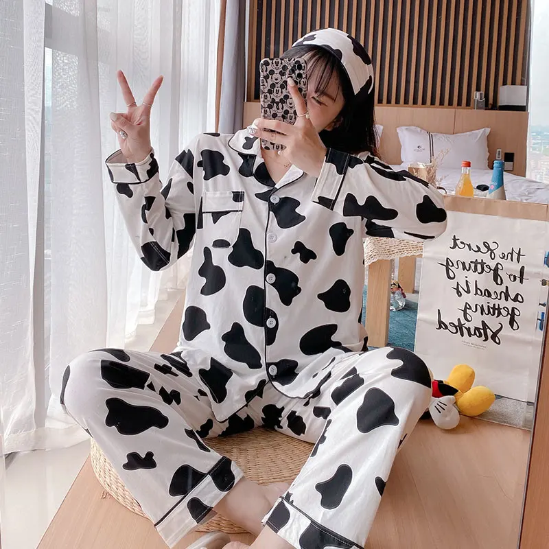 Cow Print Pajamas for Women Cute Home Suit Sleepwear Set Winter Pyjamas Women Homewear Pijama Mujer Home Clothes for Women