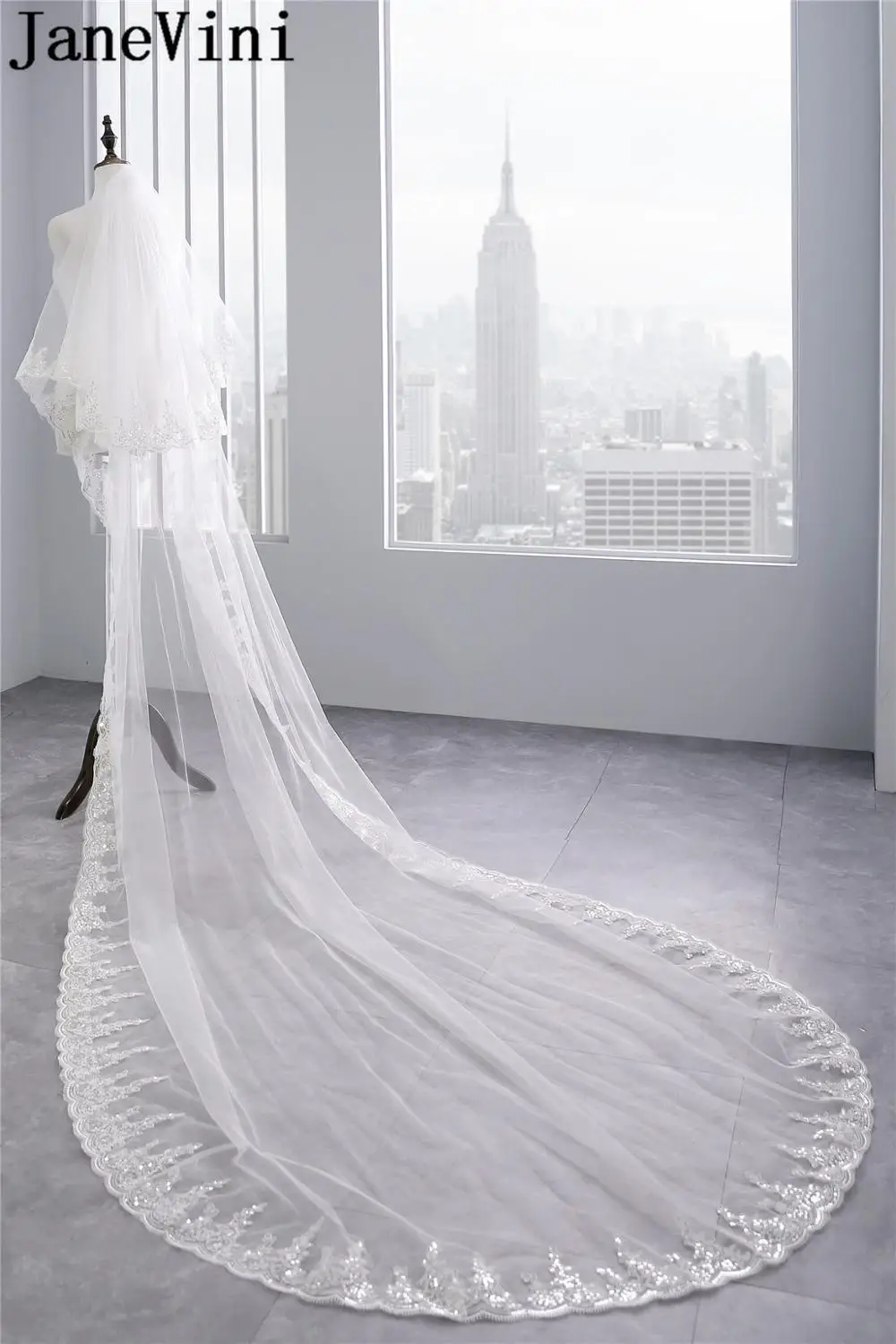 JaneVini – voile Long pour mariage, 3M, avec peigne à paillettes, voile de mariée blanc à 2 niveaux, accessoires de mariage ivoire pour future mariée