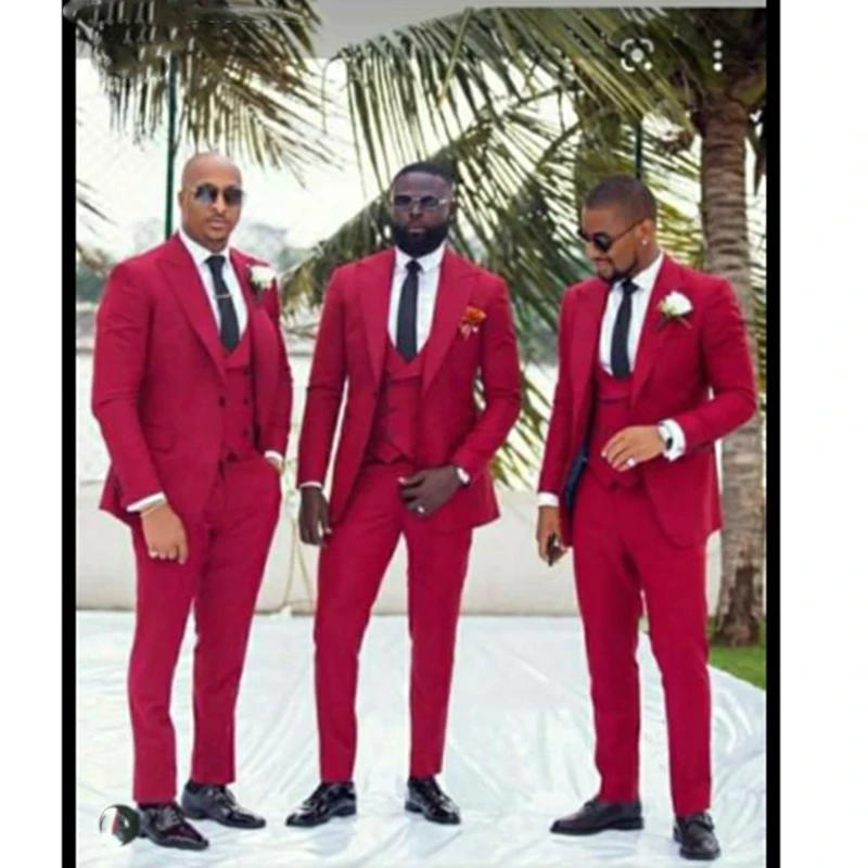 

3 Pieces Peak Lapel Red Men Suit One Button Double Breast Vest Slim Fit Groom Tuxedos Tailor Made Suit (Jacket+Pants+Vest)