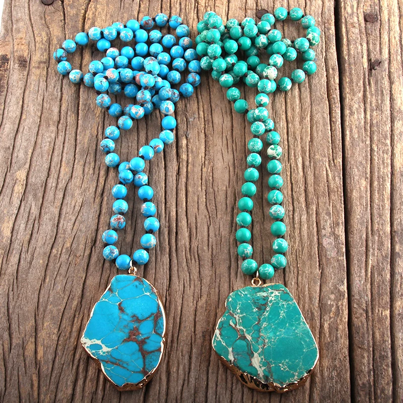 RH Fashion Boho Jewelry Blue Green Stone Long Knotted Stone Pendant Necklaces Women Necklace Gift Dropship