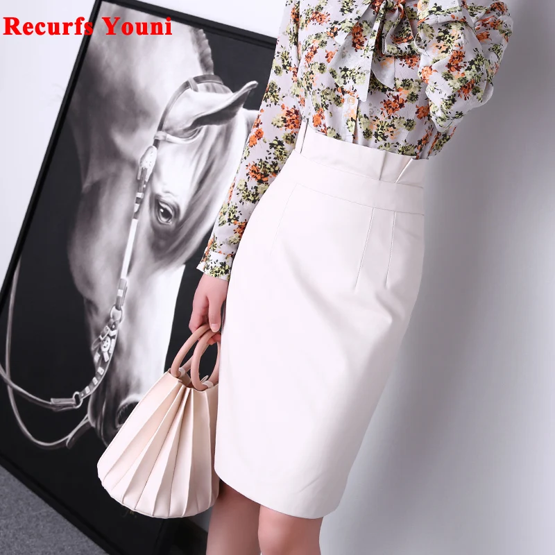 

Skirt Women Winter Female Genuine Leather Elegant Bud Folded Ruffled High Waist Wrap Jupe Mujer Pure White/Yellow Mid Saias