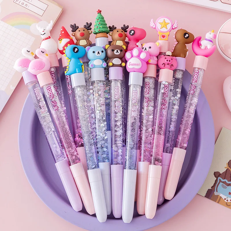 

5pcs Writing Stationery Kawaii Gel Pen Liquid Colorful Quicksand Pen School Office Supplies Novel Creative Flash Cute Gel Pen