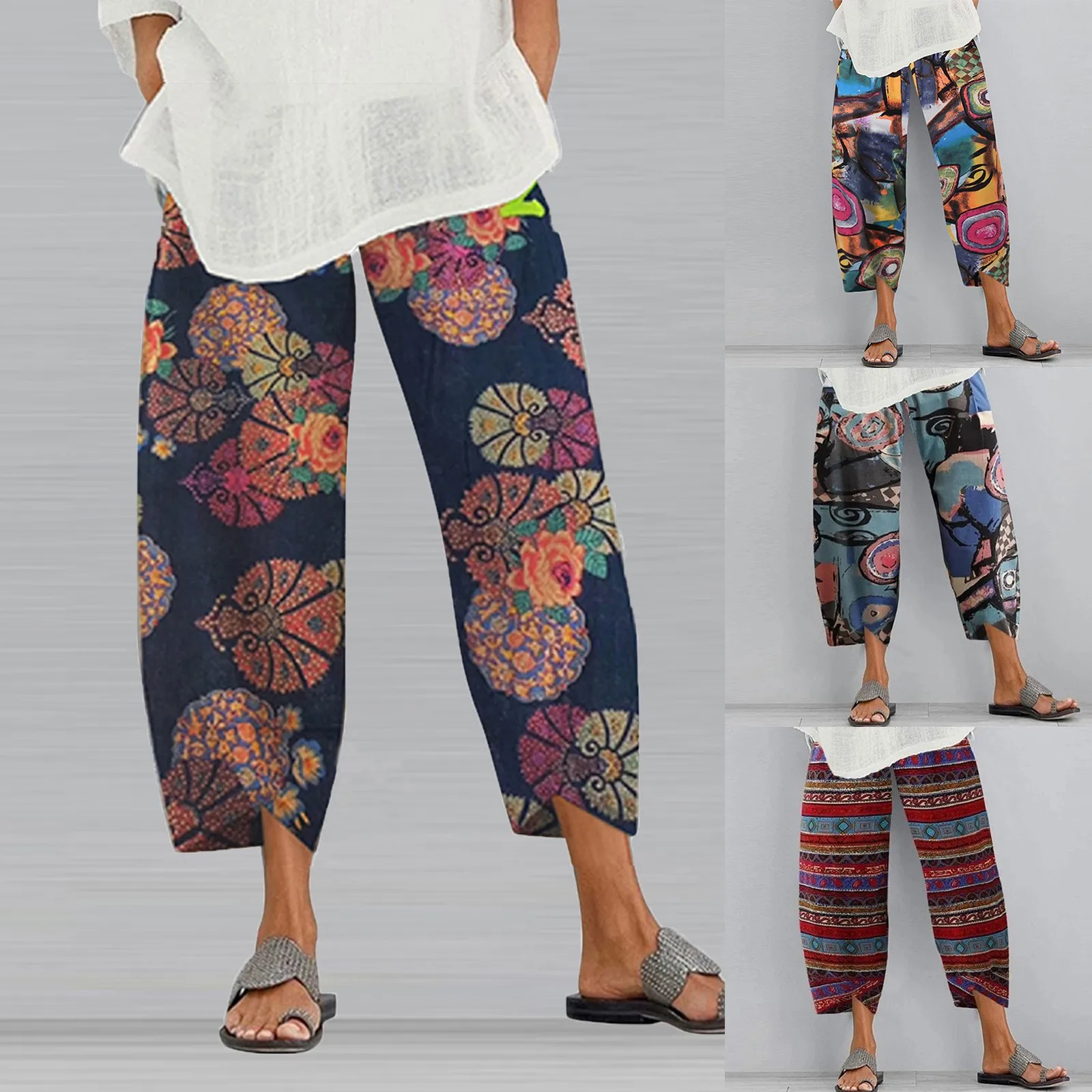 

Vintage Printed Harem Pants Women Trousers Casual Elastic Waist Cotton Linen Wide Leg Pants Loose Pantalon Summer Plus Size Pant