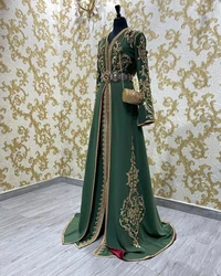 Green Moroccan Kaftan Caftan Muslim Evening Dresses A-line Long Sleeves Appliques Dubai Arabic Abaya Islamic Gown Customized