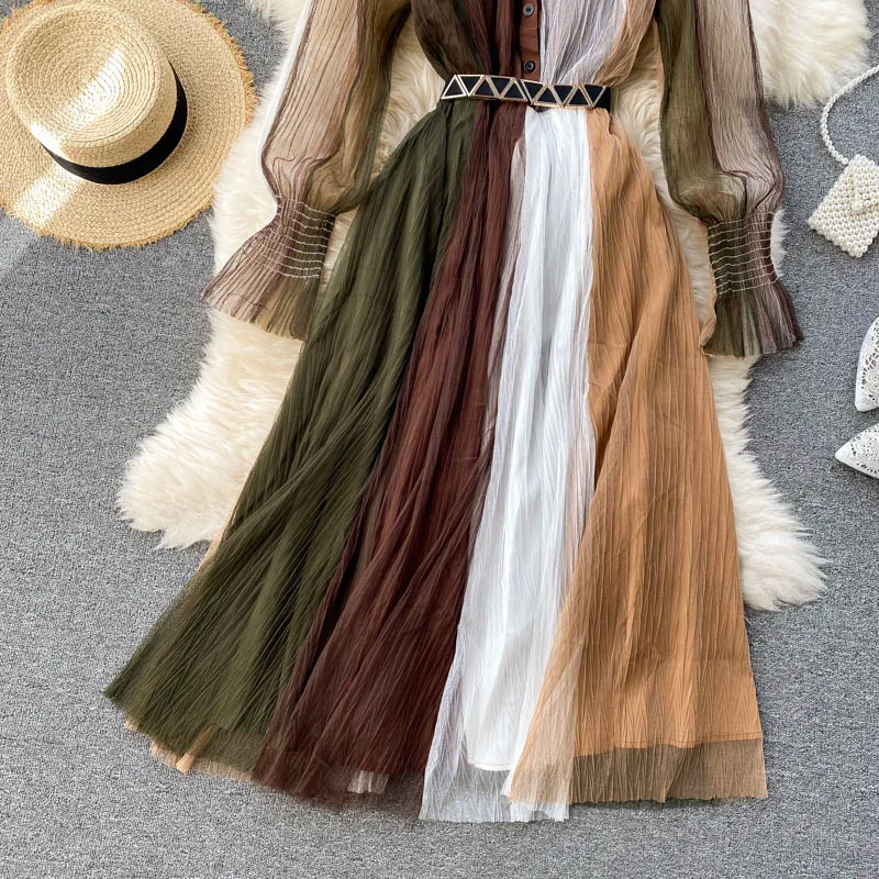 المرأة مصمم لصق شبكة المدرج اللباس الرجعية بدوره إلى أسفل طوق نفخة الأكمام زر ألف خط اللباس الخريف أزياء الشارع الشهير فساتين