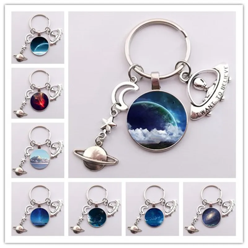 2020 New Space Galaxy Glass Keychain Saturn charm moon keychain UFO key ring for Women Men Best Friend Ship Gift