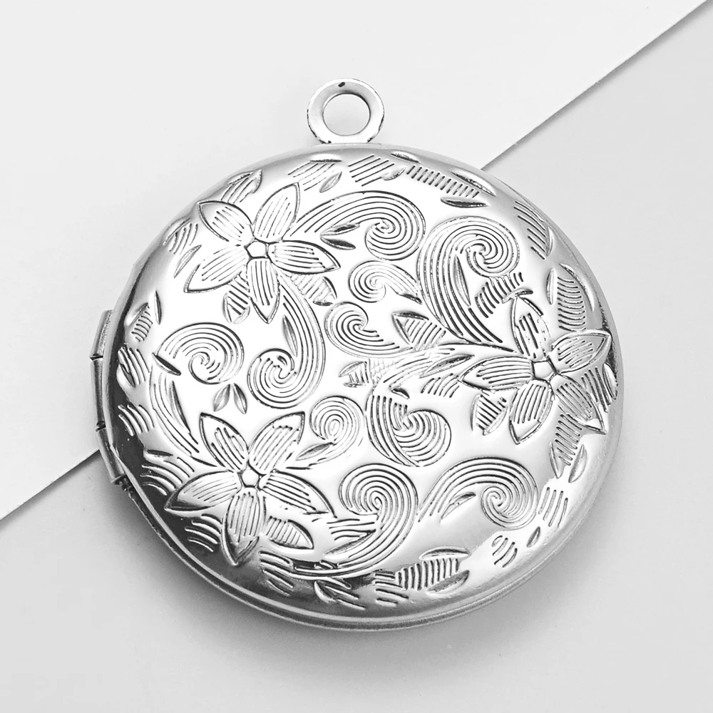 20Pcs/Lot Stanless Steel 26*31mm  Vintage Flower Pattern Photo Frame Locket Charms DIY Opening Round Photo Box Pendant