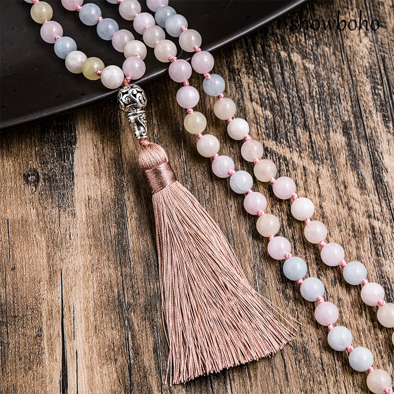 8mm Morganite Beaded Knotted 108 Mala Necklace Meditation Yoga Blessing  Japamala Jewelry for Women and Men