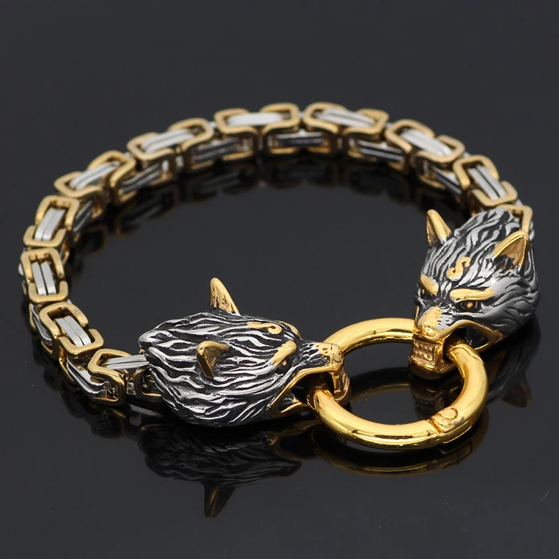 Viking Wolf Head Thick Chain Bracelet Men's Biker Punk Hip Hop Stainless Steel Mixed Gold Color Wristband Jewelry Gift