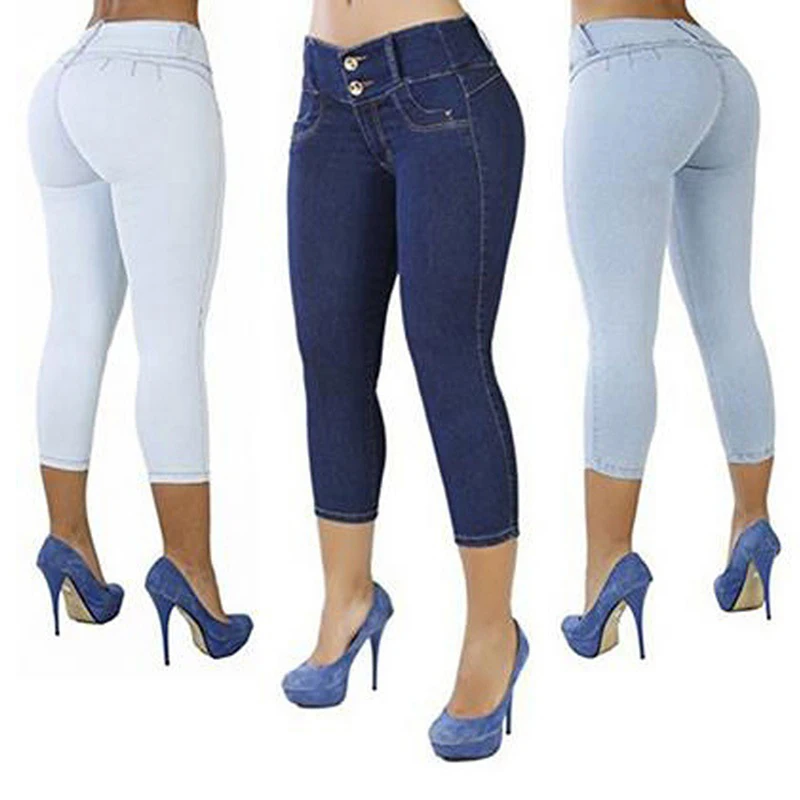 

White Women Sexy Casual Cropped Pants Solid Color Button Fly Waist Slim Trousers Breathable Elastic Pencil Pants