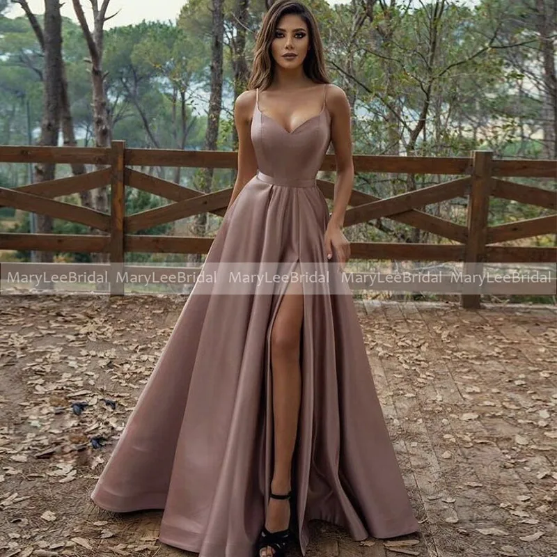 Robe De demoiselle d'honneur en Satin rose poussiéreux, longue, bretelles Spaghetti, fente latérale, Robe De soirée De Mariage, demoiselle d'honneur, pour les invités De Mariage