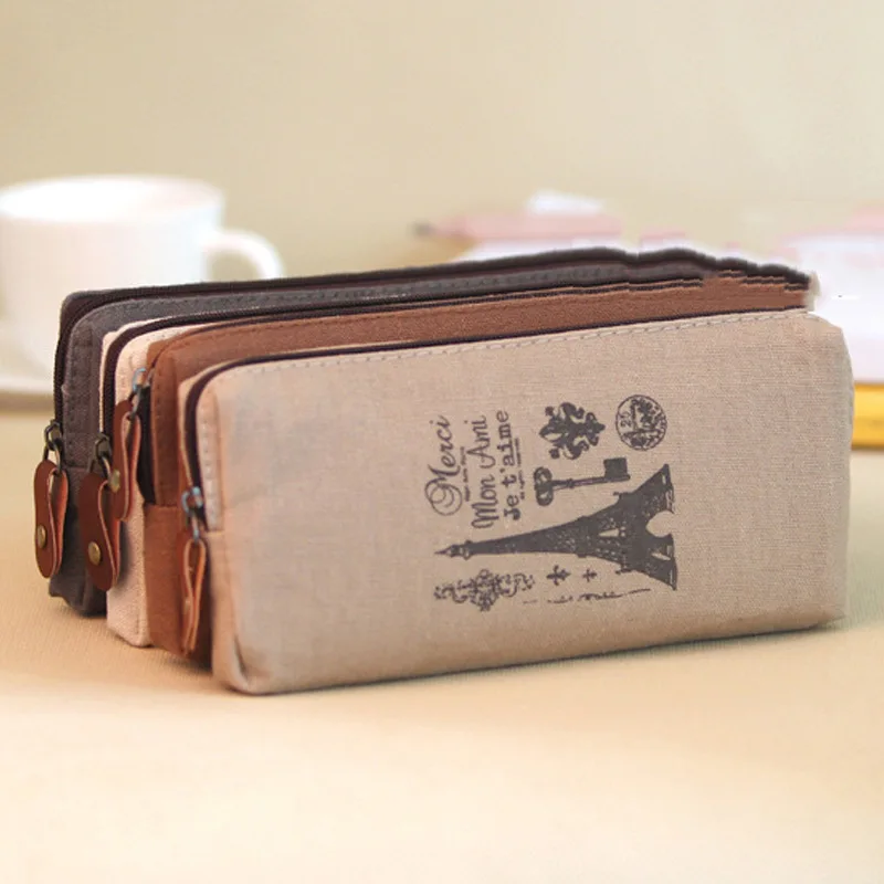 Retro Pencil Bag, Fresh and Simple Cotton-linen Paris Tower, Retro Romantic Pencil Box, Large Capacity, Office Learning