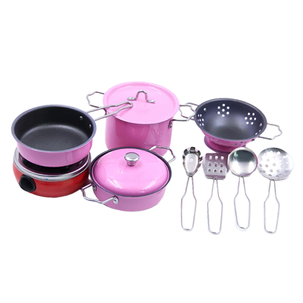 Rosa 11 stücke Kid Pretend Spielen Edelstahl Kochen Kochgeschirr Küche Spielzeug Set