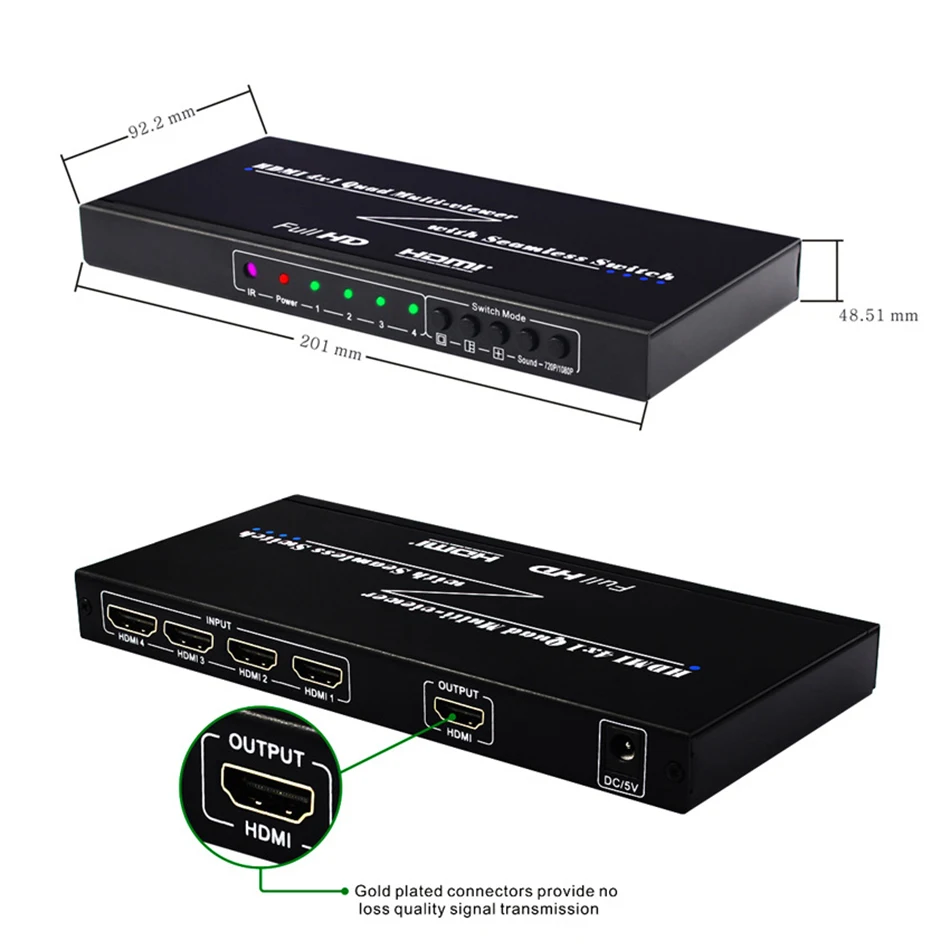 HDMI Multiviewer 4X1 Quad Multi-Viewer Splitter with Seamless Switcher IR Control Output resolution up to 1080p