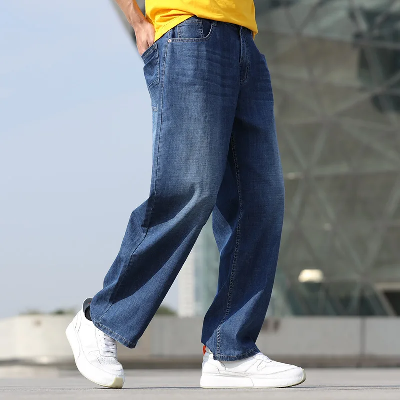 Summer Thin Section Breathable  Straight Large Size Mens Jeans Harem Hip Hop Denim Streetwear Wide Leg Pants Blue Loose Trousers