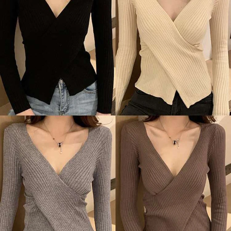 2020 Autumn Winter Women\'s Knitwear Sexy Across V-Neck Chic Casual Basic Women Sweater Long Sleeve Slim Knitted Pullover