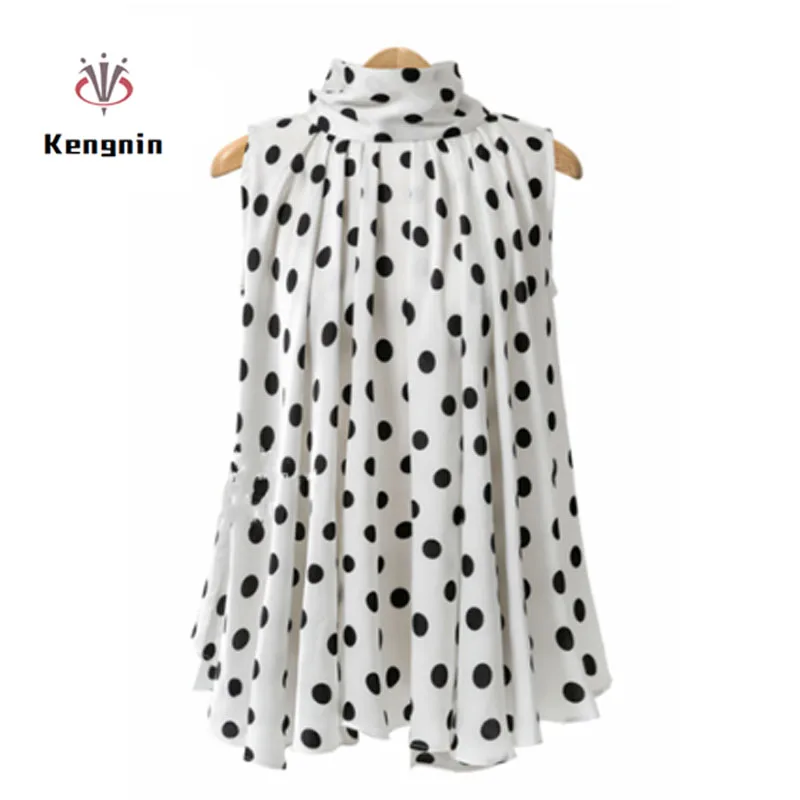 2023 Summer Women Sleeveless Blouse Oversized Tops Polka Dot Female Shirts Turtleneck Tie Bow Loose Chiffon Blause KE71