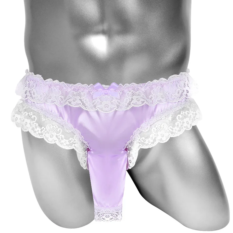 Sissy Panties With Open Penis Sheath Mens Sexy Lingerie Softy Shiny Satin Lace Floral Frilly Male Briefs Underwear