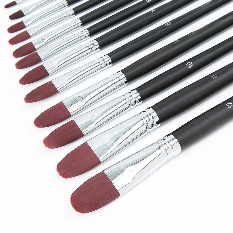 High-grade Wine Red Nylon Hair 6Pcs/Set Black Scrub Long Wood Rod Acrylic Hazelnut Shape Artist Oil Painting Brush Art Supply