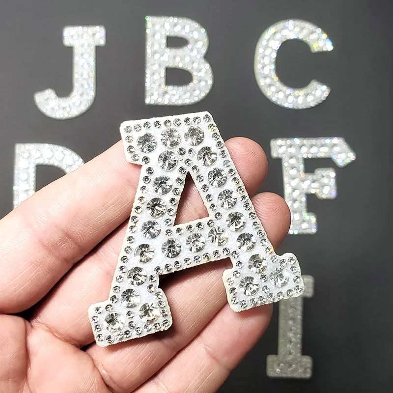 A-Z White Clear Rhinestone Letter Iron-on Patches for Clothing Iron on Clothes English DIY Logo Name Applique Stripes Sticker