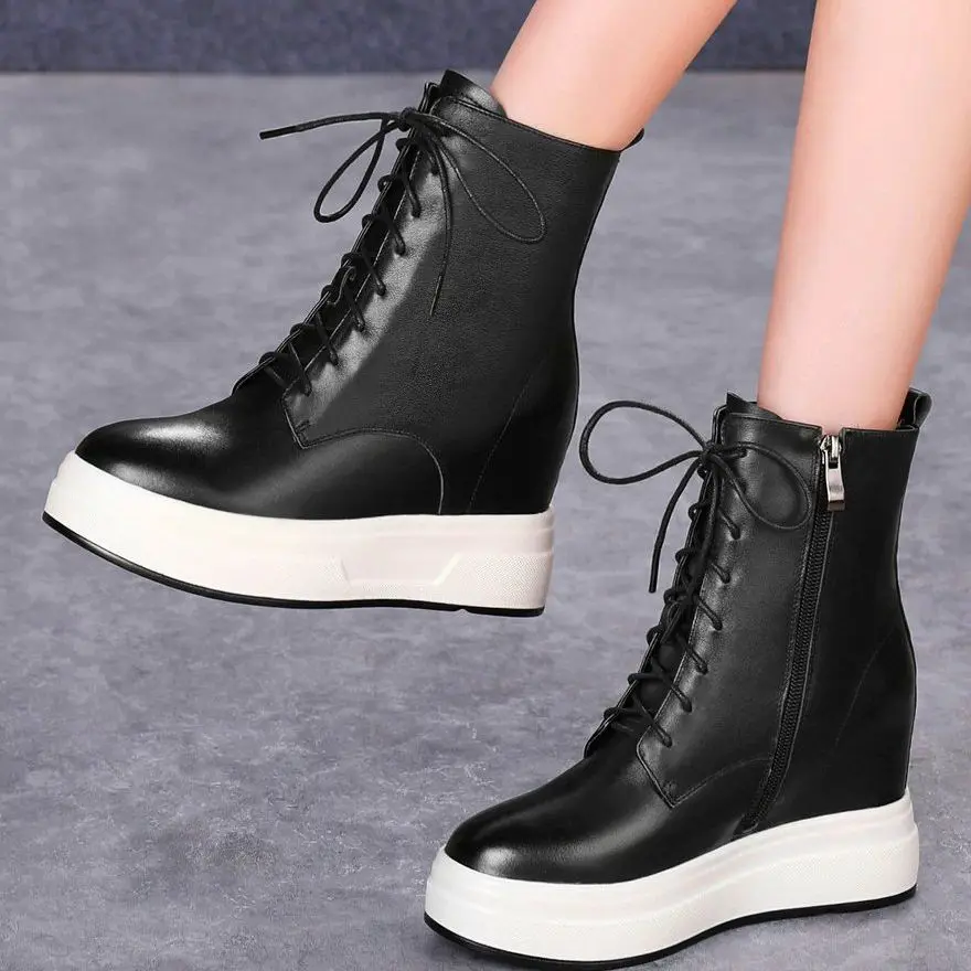 

Increasing Height Ankle Boots Women's Cow Leather Platform Wedge Boots High Heels Thick Sole Creepers Goth 34 35 36 37 38 39 40