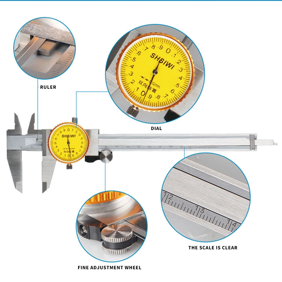 

SH-5105 With Watch Caliper 0-150/0.01 Dial Vernier 0-200/0.02 Table Card 300