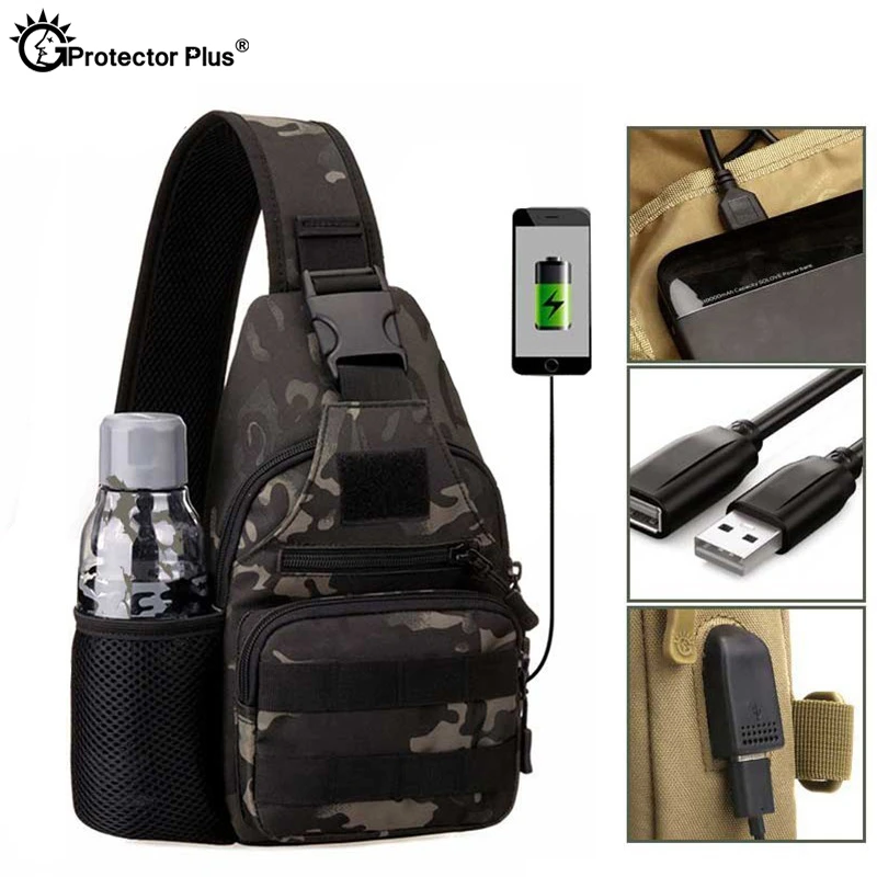 PROTECTOR PLUS Outdoor Tactical USB Charging Chest bag Camouflage Men\'s Shoulder Crossbody Bag Travel Camping Cycling