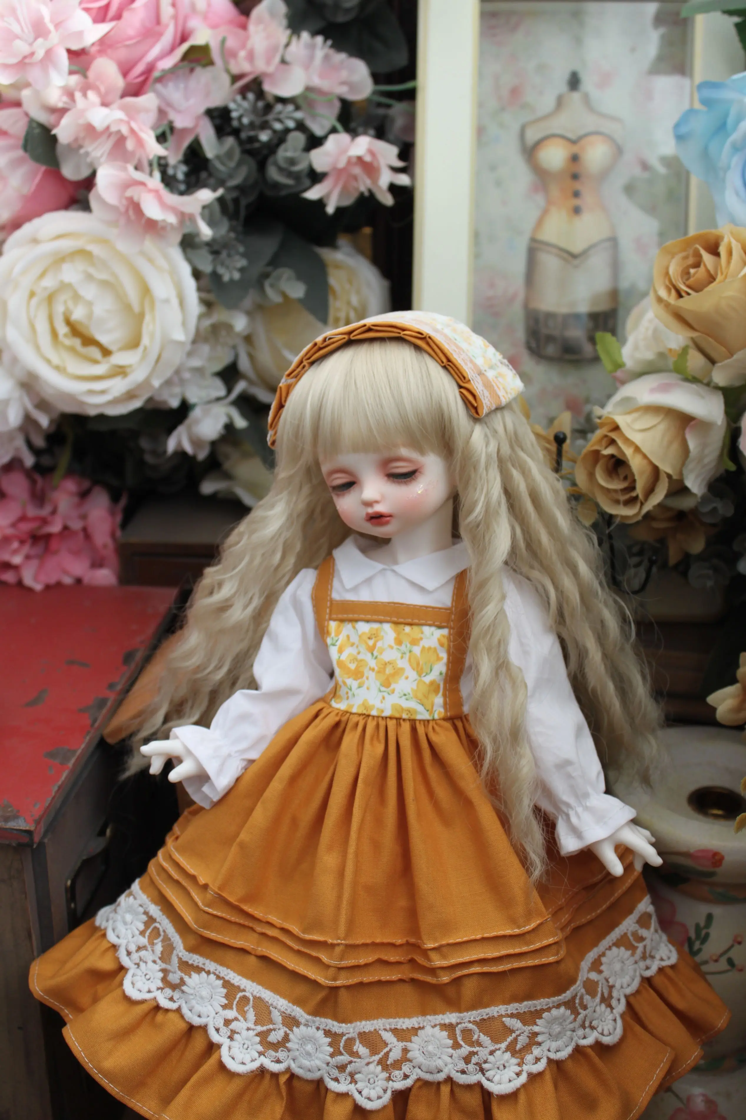 

Одежда для куклы BJD, подходит для размеров 1-3, 1-4, 1-6, пасторальные аксессуары в ретро-стиле с оранжевыми искусственными элементами