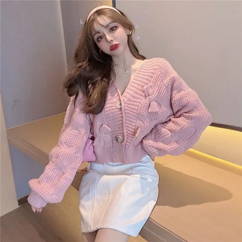 Knitted Women\'s Bow Short Loose Pink Sweater Top Autumn And Winter 2021 New Cardigan