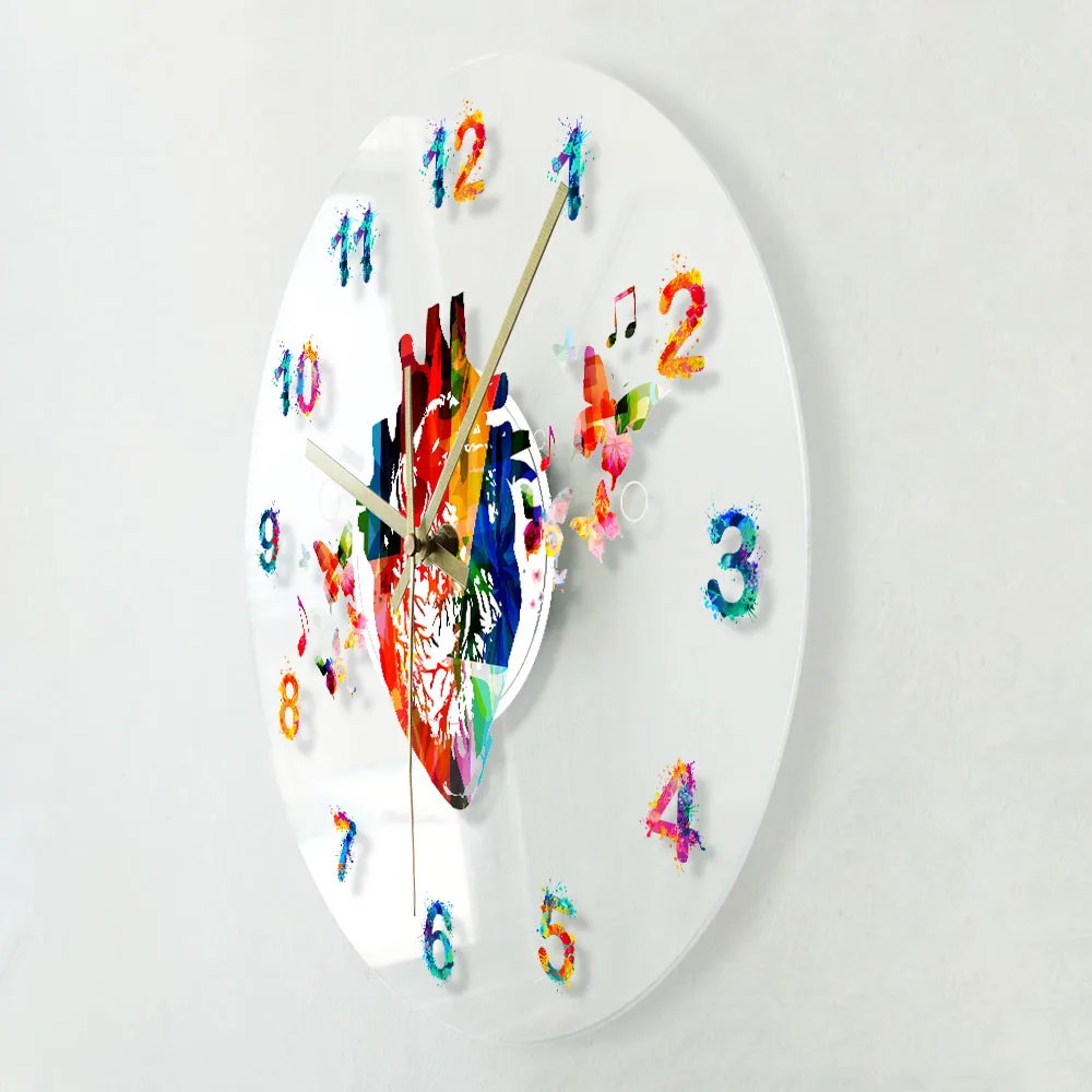 Heart Design Anatomy Watercolour Painting Print Acrylic Wall Clock Medical Office Art Decor Cardiovascular Artwork Wall Clock