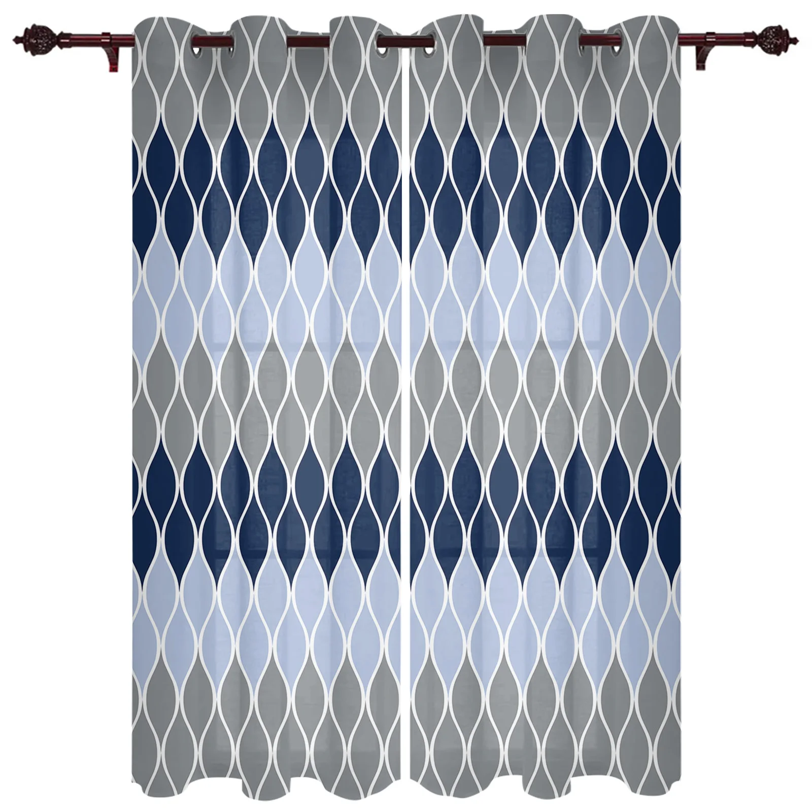 Geometric Blue Grey Medieval Print Window Curtains for Living Room Kitchen Curtain with Valance Kids Room Home Decor