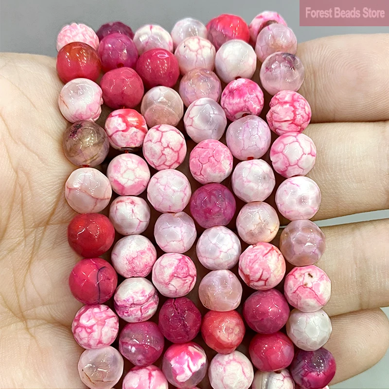 Natural Stone Red Pink Frost Cracked Fire Dragon Veins Agates Round Loose Beads for Diy Earrings Jewelry Making 15'' Strand 8mm