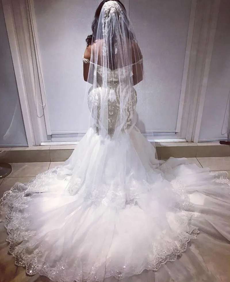 Vestido De novia De sirena con hombros descubiertos, traje De novia con lentejuelas y apliques ostentosos, Espalda descubierta, tul, 2024