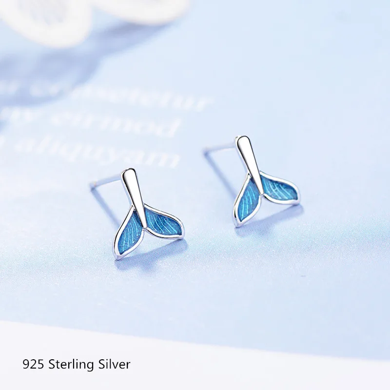 Buyee 925 Sterling Silver Small Stud Earring Blue Fish Tail Cute Earring for Women Girl Party Fine Jewelry Earring Gift