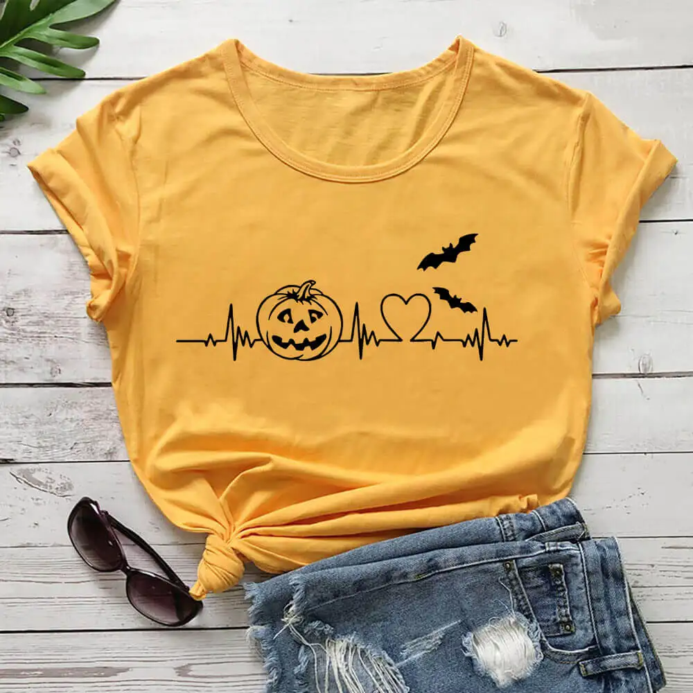 

Pumpkin Heartbeat Graphic Print 100%Cotton Women Tshirt Halloween Party Shirt Unisex Funny Summer Autumn Casual Short Sleeve Top