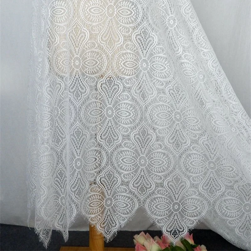 Milky White Embossed European Style Eyelash Lace Fabric Cheongsam Dress African Fabric V2332