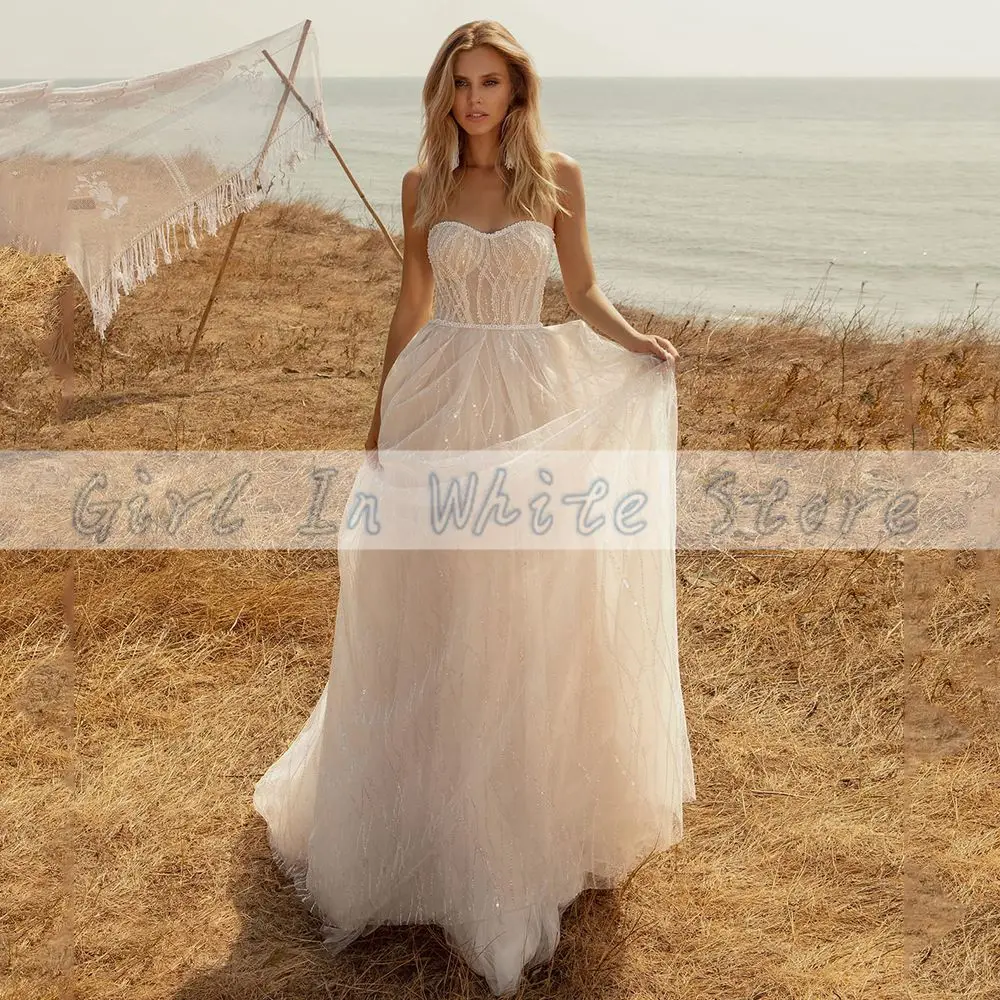 Vestidos De Novia sencillos sin tirantes, corte en A, tren De corte personalizado, apliques De lentejuelas, Vestidos De puente con cuentas, Vestidos De Novia