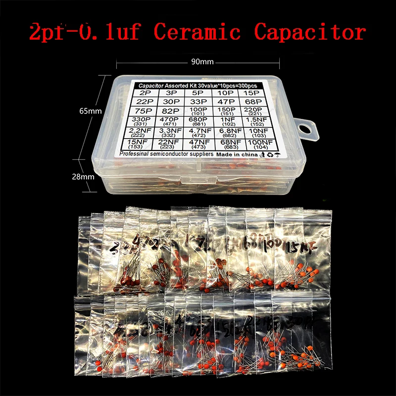 300pcs 30value Ceramic Capacitor Set Pack 2PF-0.1UF Electronic Components Package Capacitor Assorted Kit Samples Diy