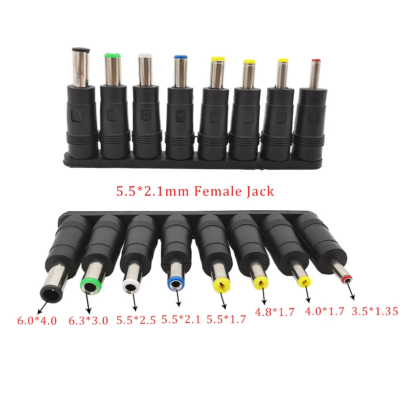 8Pcs/Set DC Power Supply Universal Laptop Mobile Charger Conversion Head 5.5 x2.1mm 8 in 1 DC Power Plug Jack Tips Connector Kit